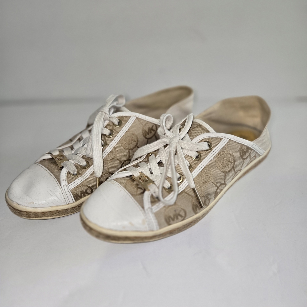 Michael Kors MK Logo Canvas Women's Sneakers Size 7.5 Cream/gold Accents